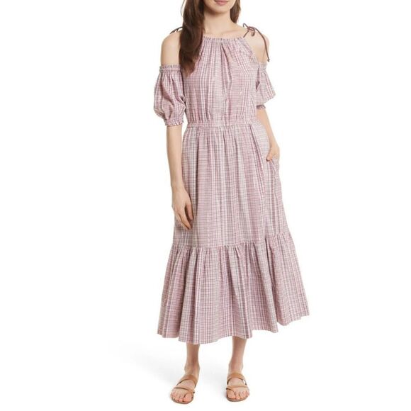 La Vie REBECCA TAYLOR Pink plaid  Midi Dress XS Cottagecore Prairie - Picture 1 of 11